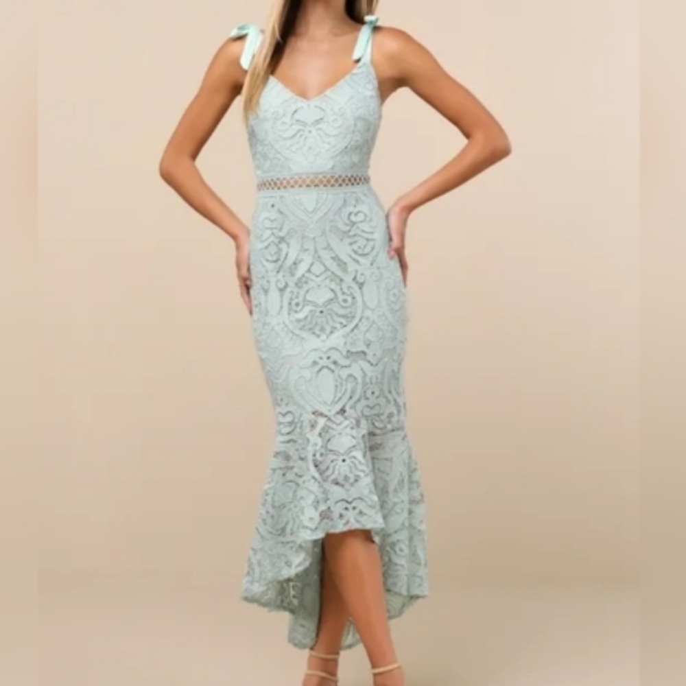 Lulus Won Your Heart Sage Green Lace Tie-Strap High-Low Midi Dress